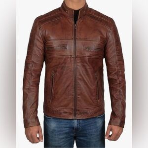 NWT Decrum Mens Leather Jacket, Cafe Racer Motorcyle Style, Brown, Large